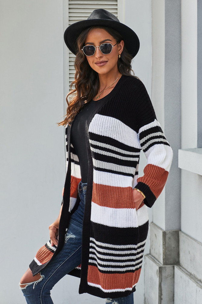 Oversized Striped Chenille Cardigan with Pocket