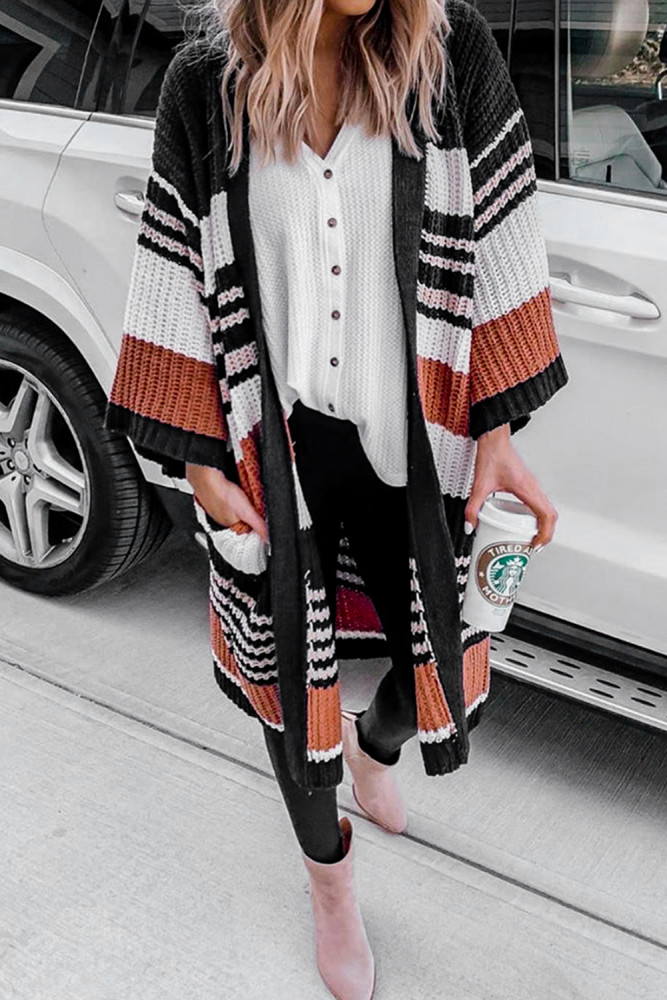 Oversized Striped Chenille Cardigan with Pocket