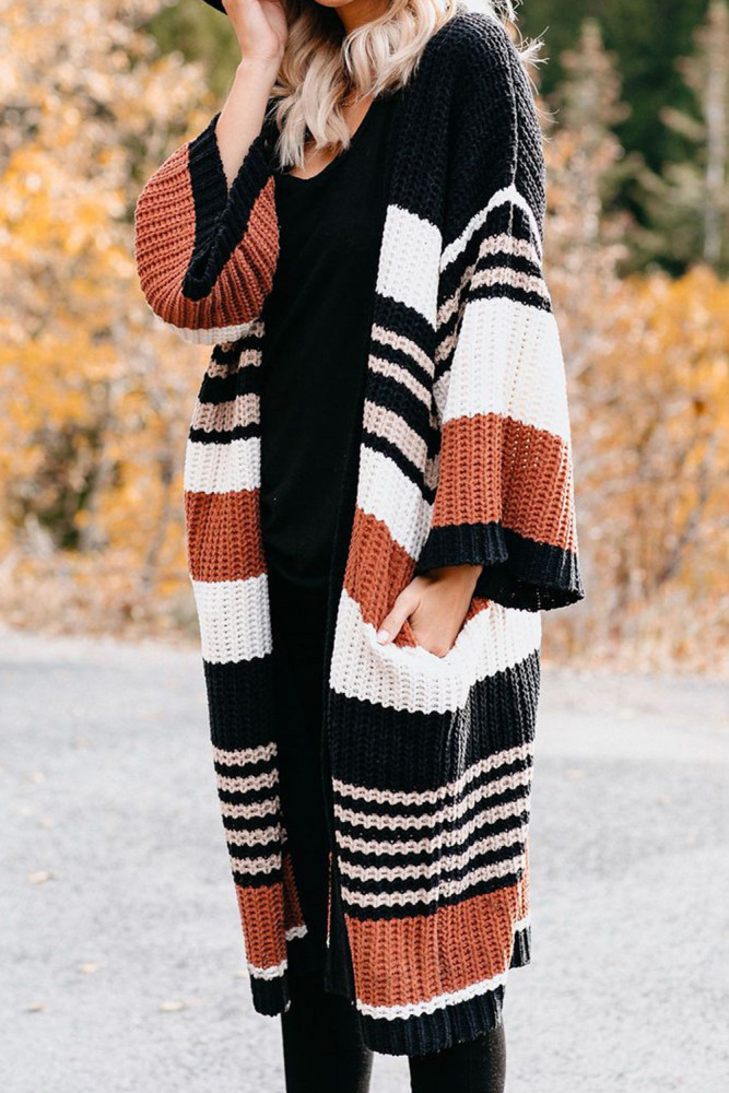 Oversized Striped Chenille Cardigan with Pocket
