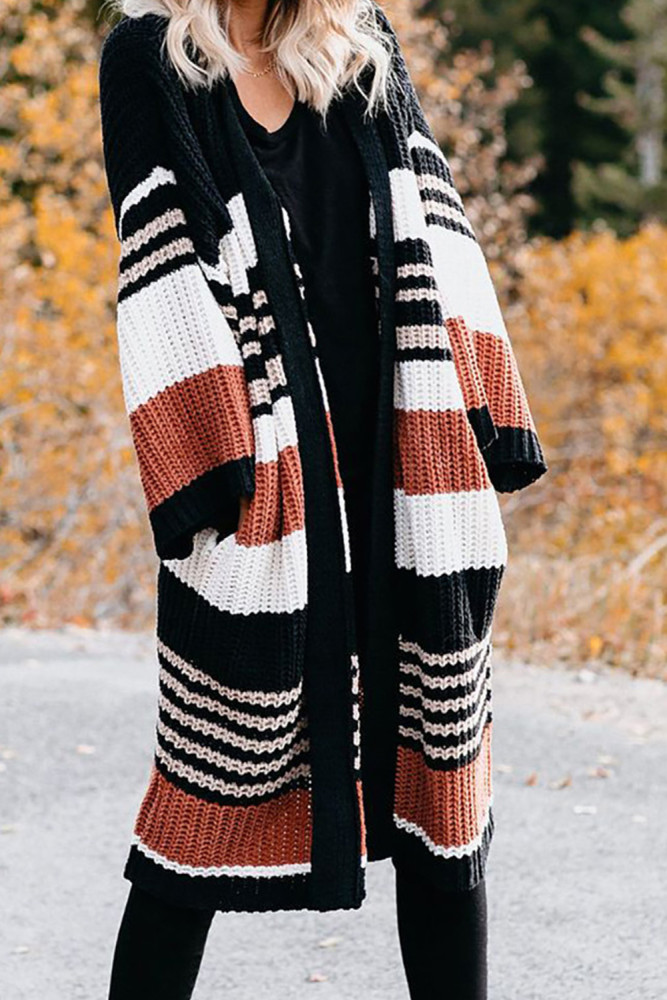 Oversized Striped Chenille Cardigan with Pocket