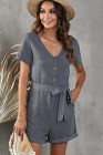 V Neck Short Sleeve Buttons Romper with Belt