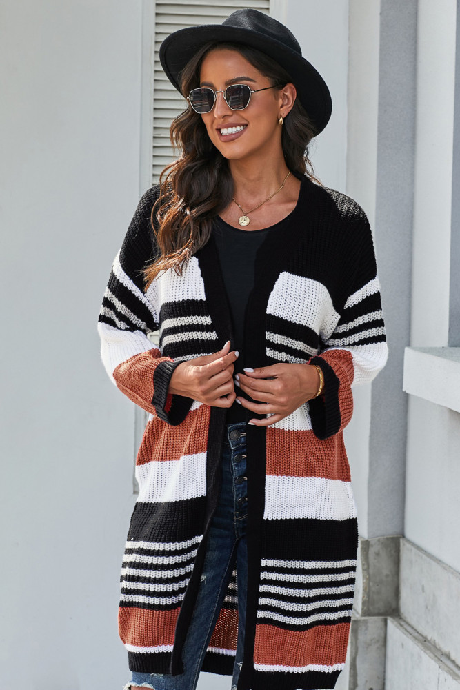 Oversized Striped Chenille Cardigan with Pocket
