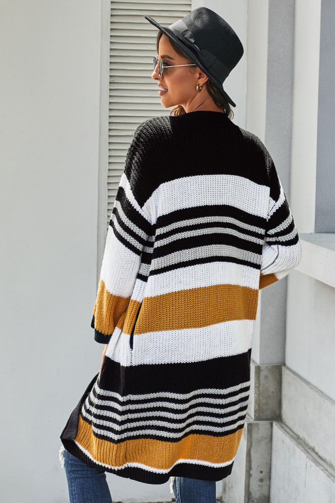 Oversized Striped Chenille Cardigan with Pocket