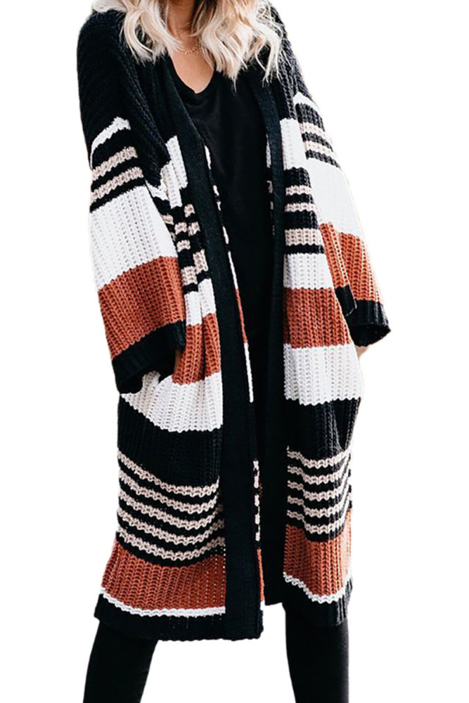 Oversized Striped Chenille Cardigan with Pocket