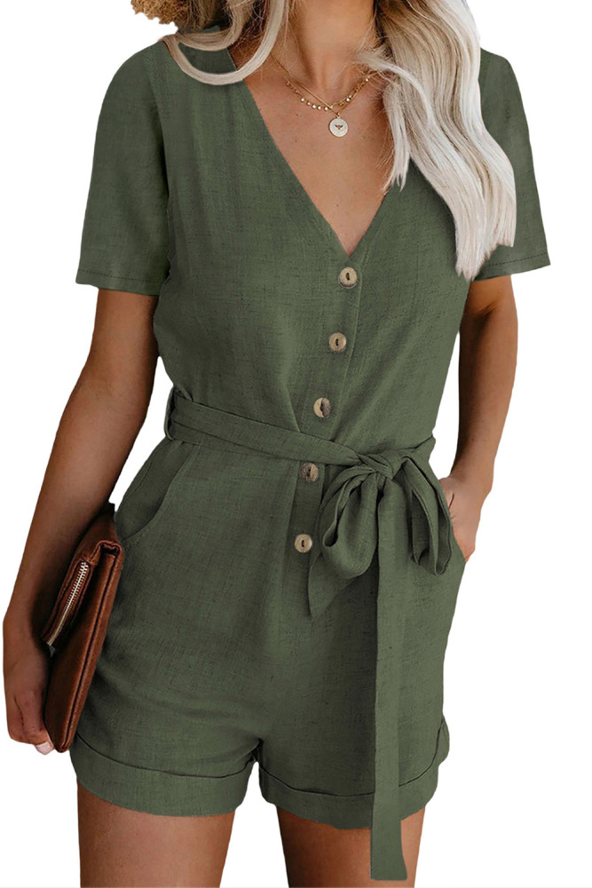 V Neck Short Sleeve Buttons Romper with Belt