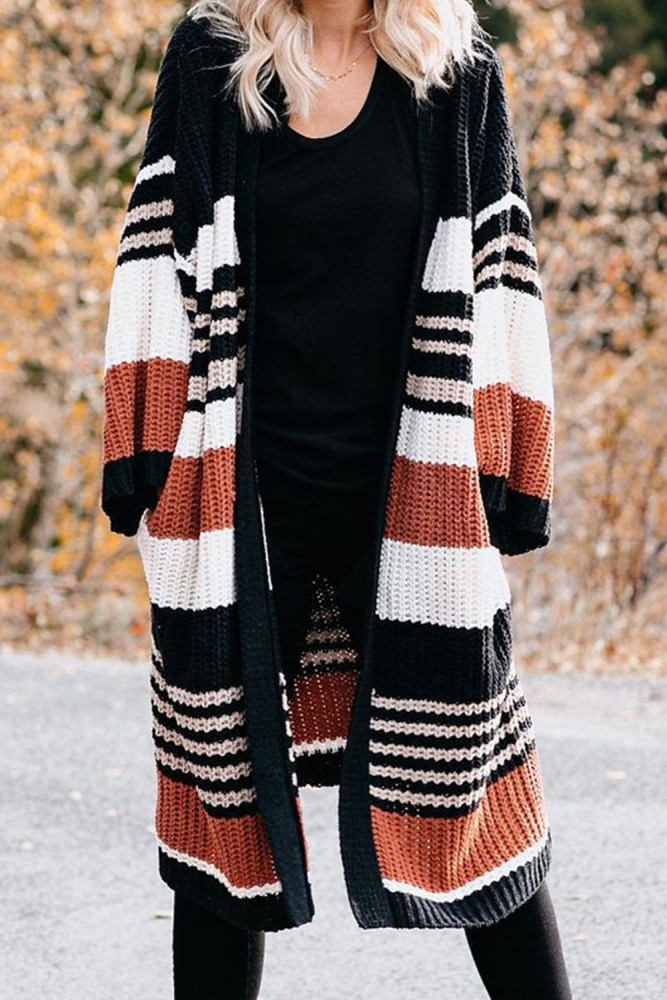 Oversized Striped Chenille Cardigan with Pocket