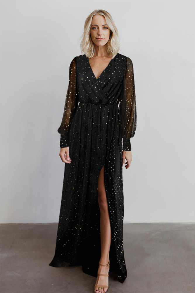 Black/Wine Red/Green/Apricot Side Split Rhinestone V Neck Maxi Dress