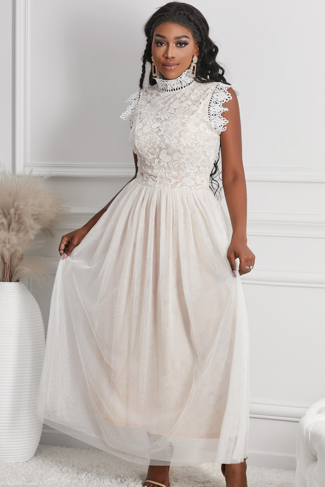 Floral Lace Dress for Women High Neck Sleeveless Crochet Mesh Maxi Dress