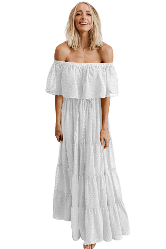 White/Black/Rust Red/Sky Blue/Yellow/Green Off Shoulder Ruffle Swiss Dot Maxi Dress