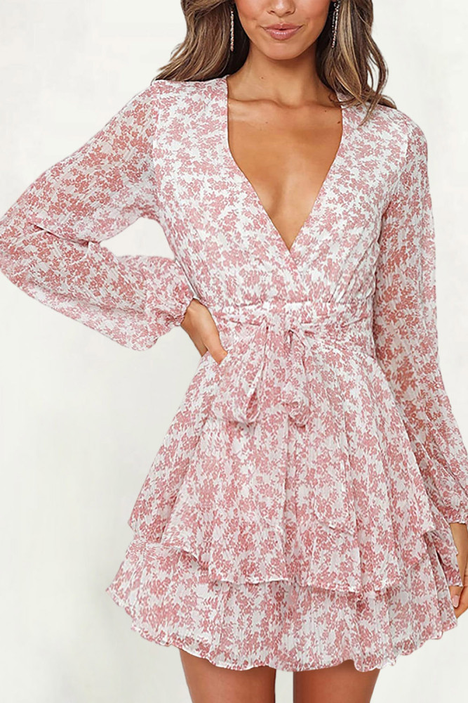 V Neck Waist Tie Double Layer Ruffle Short Dress