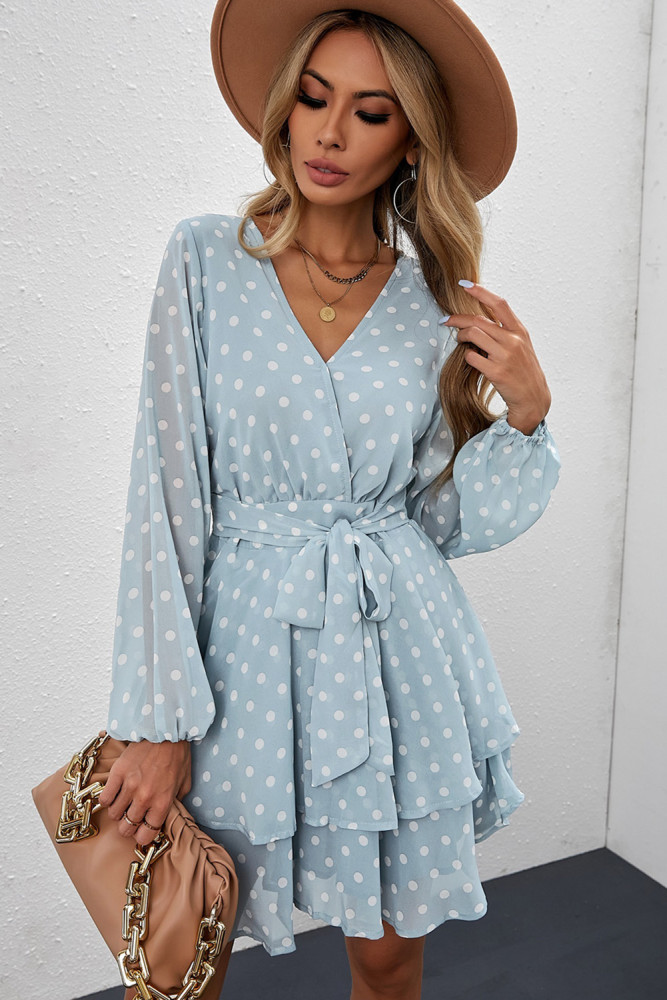 V Neck Waist Tie Double Layer Ruffle Short Dress