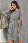 Crew Neck Sequin Split Sleeve Midi Dress