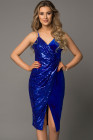 Blue Deep V Neck Sequins Midi Dress with Side Split