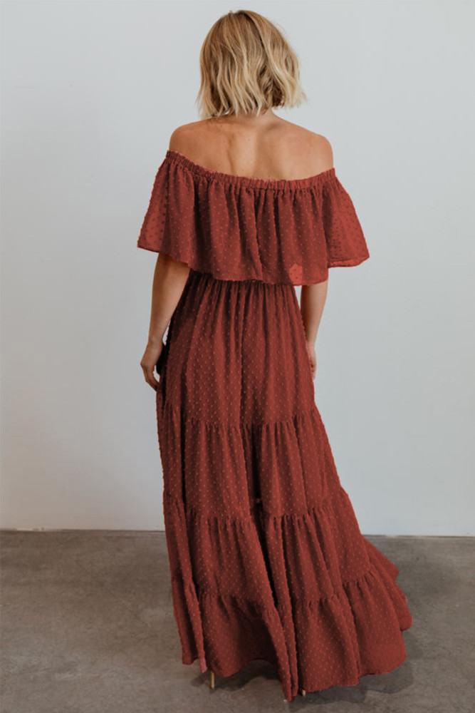 White/Black/Rust Red/Sky Blue/Yellow/Green Off Shoulder Ruffle Swiss Dot Maxi Dress