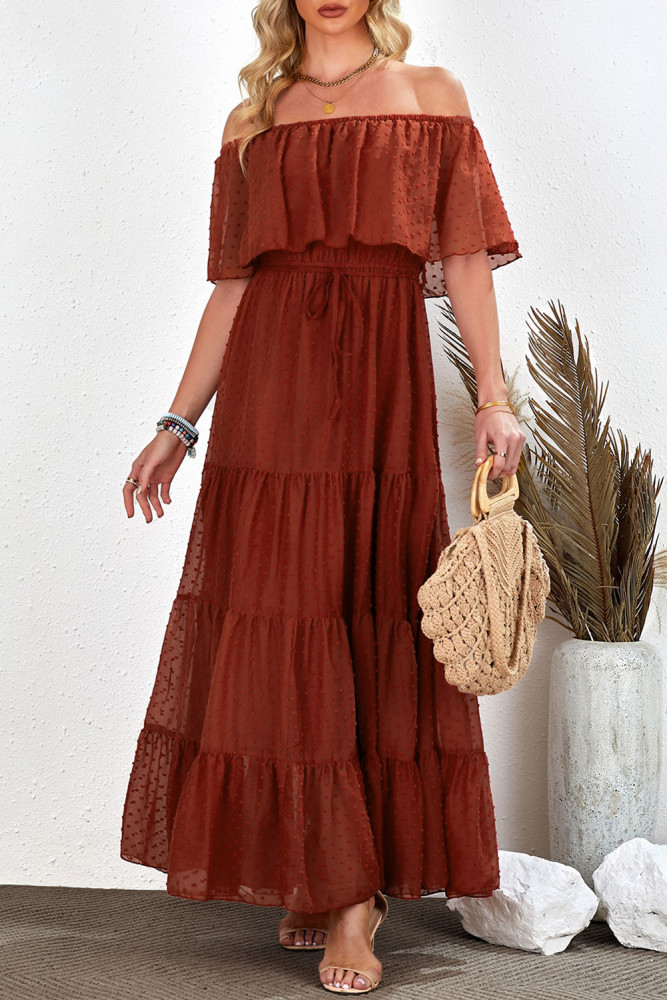 White/Black/Rust Red/Sky Blue/Yellow/Green Off Shoulder Ruffle Swiss Dot Maxi Dress