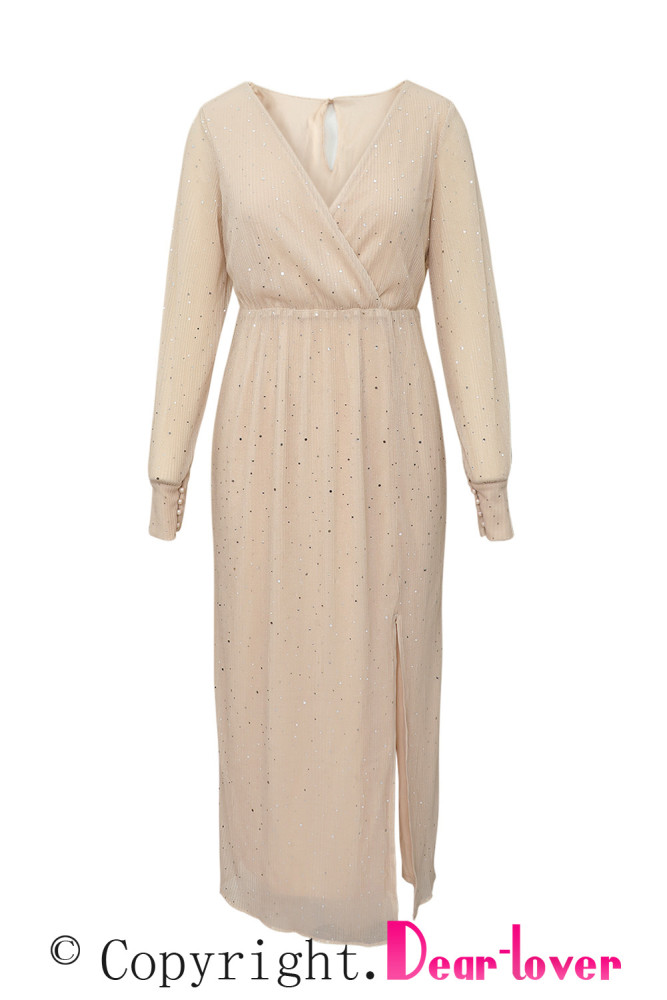 Black/Wine Red/Green/Apricot Side Split Rhinestone V Neck Maxi Dress