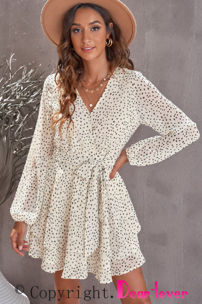 V Neck Waist Tie Double Layer Ruffle Short Dress