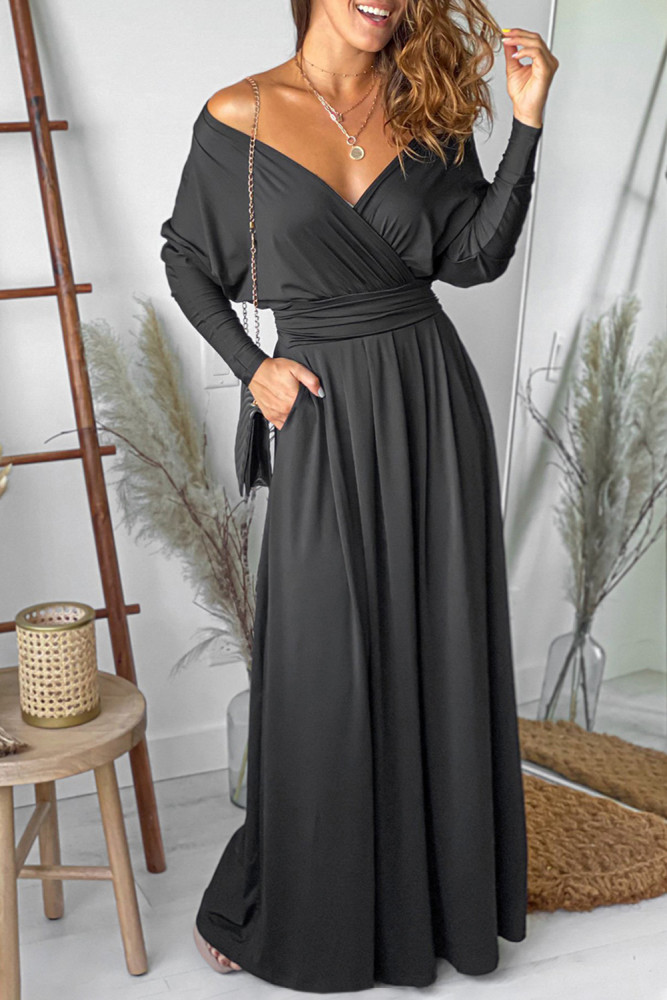 Black V Neck Off The Shoulder Maxi Dress