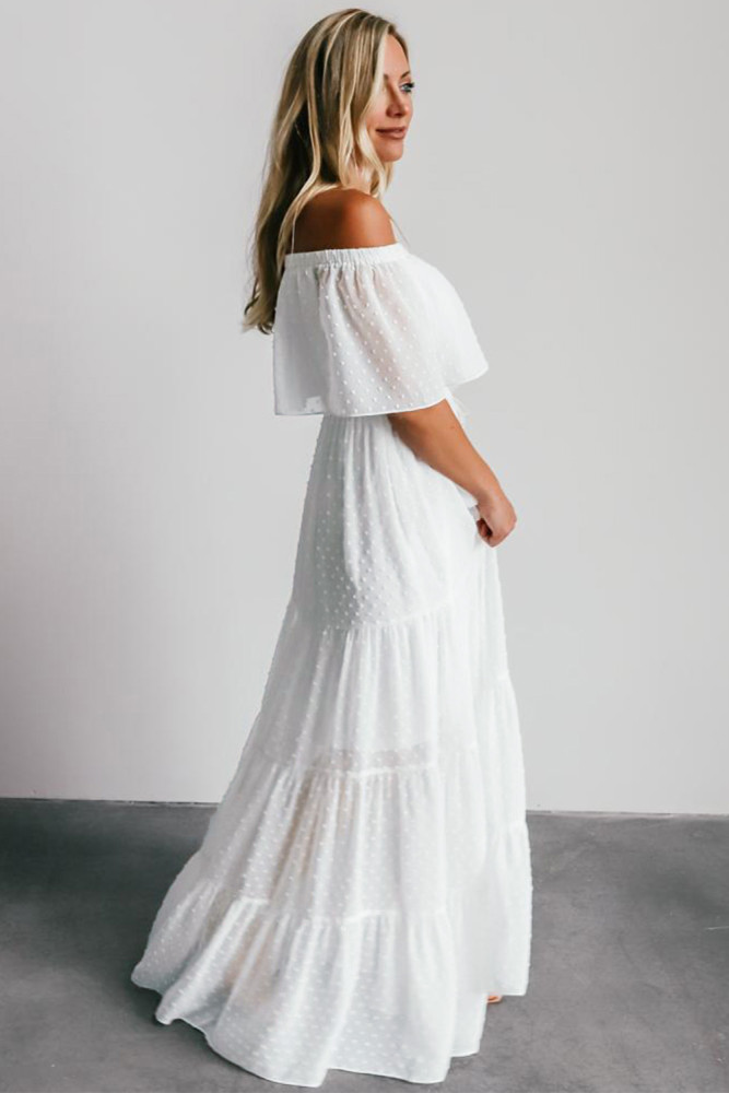 White/Black/Rust Red/Sky Blue/Yellow/Green Off Shoulder Ruffle Swiss Dot Maxi Dress