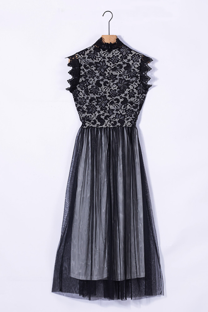 Floral Lace Dress for Women High Neck Sleeveless Crochet Mesh Maxi Dress