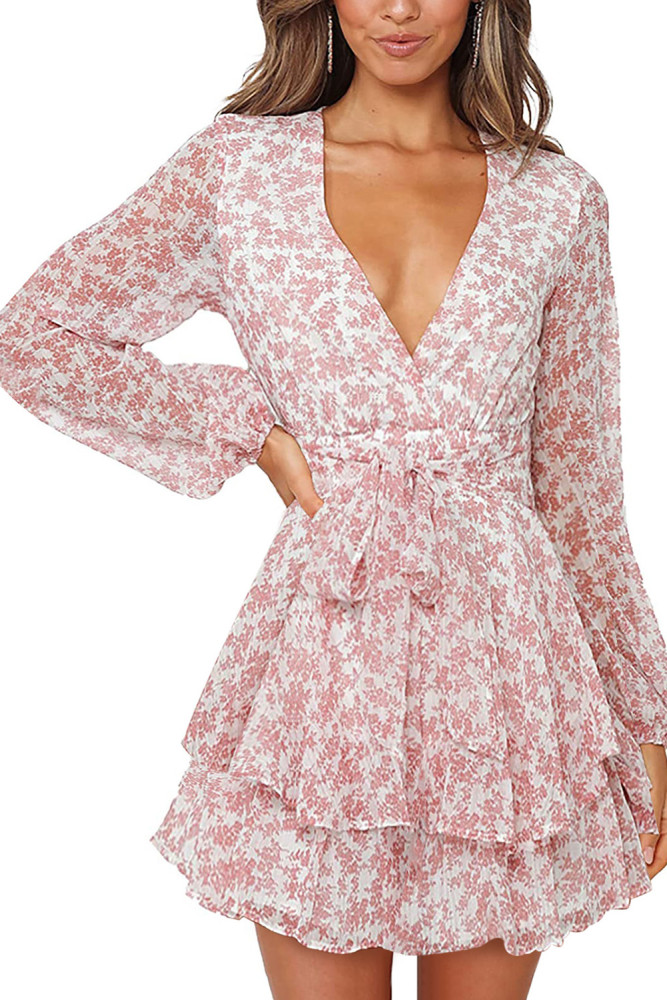 V Neck Waist Tie Double Layer Ruffle Short Dress