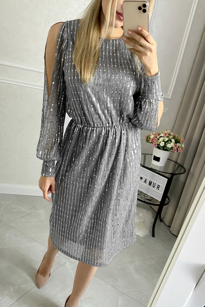 Crew Neck Sequin Split Sleeve Midi Dress