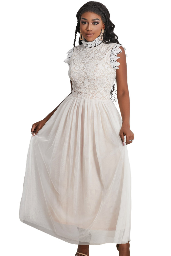 Floral Lace Dress for Women High Neck Sleeveless Crochet Mesh Maxi Dress