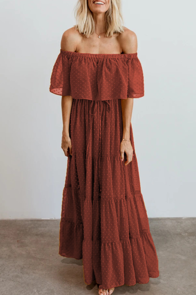 White/Black/Rust Red/Sky Blue/Yellow/Green Off Shoulder Ruffle Swiss Dot Maxi Dress