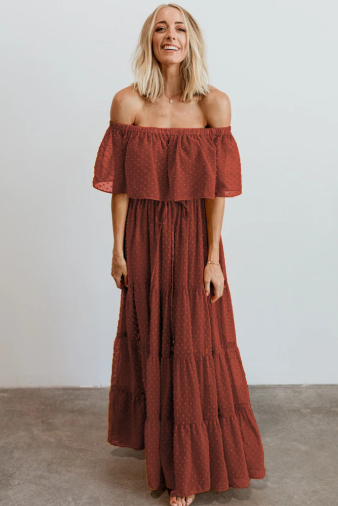 White/Black/Rust Red/Sky Blue/Yellow/Green Off Shoulder Ruffle Swiss Dot Maxi Dress