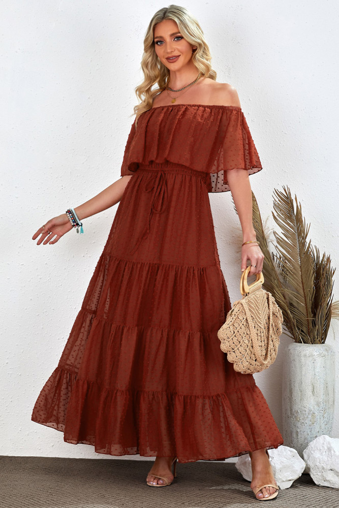 White/Black/Rust Red/Sky Blue/Yellow/Green Off Shoulder Ruffle Swiss Dot Maxi Dress