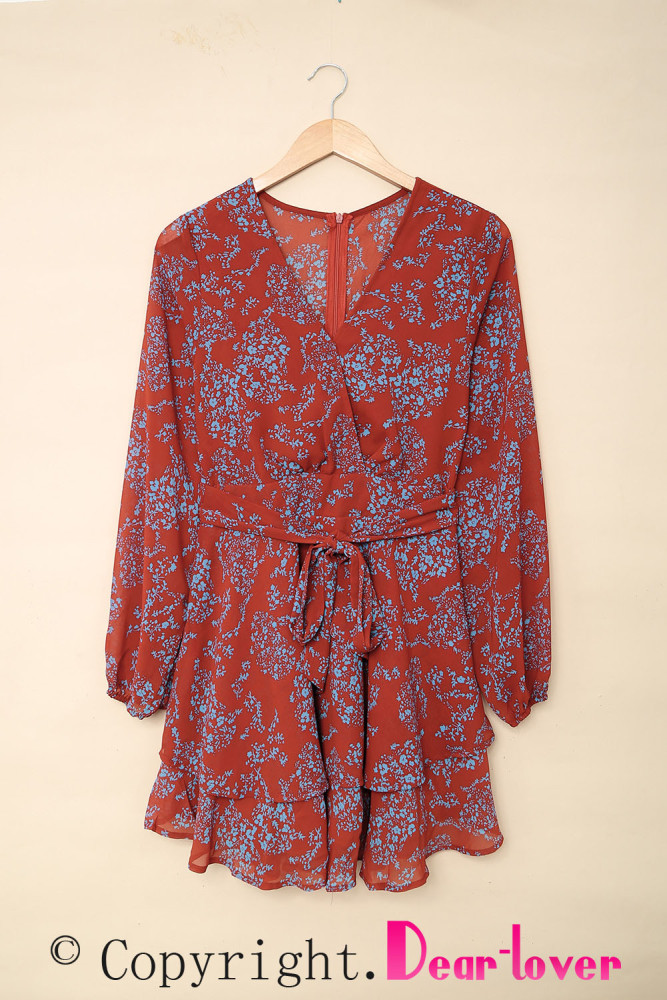 V Neck Waist Tie Double Layer Ruffle Short Dress