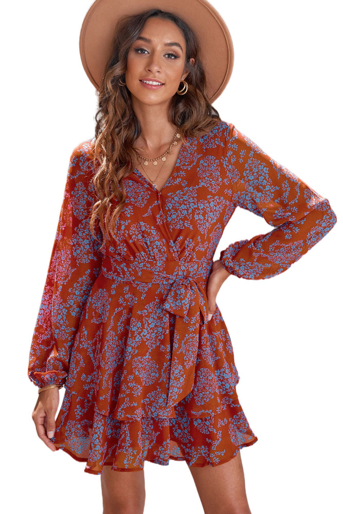 V Neck Waist Tie Double Layer Ruffle Short Dress