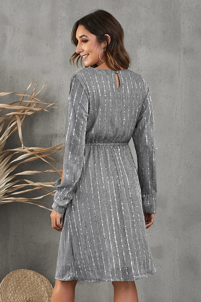 Crew Neck Sequin Split Sleeve Midi Dress