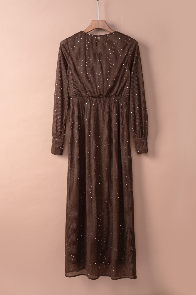 Black/Wine Red/Green/Apricot Side Split Rhinestone V Neck Maxi Dress