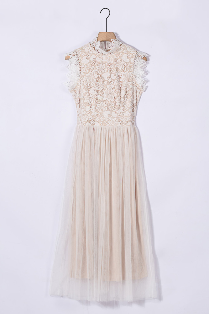 Floral Lace Dress for Women High Neck Sleeveless Crochet Mesh Maxi Dress