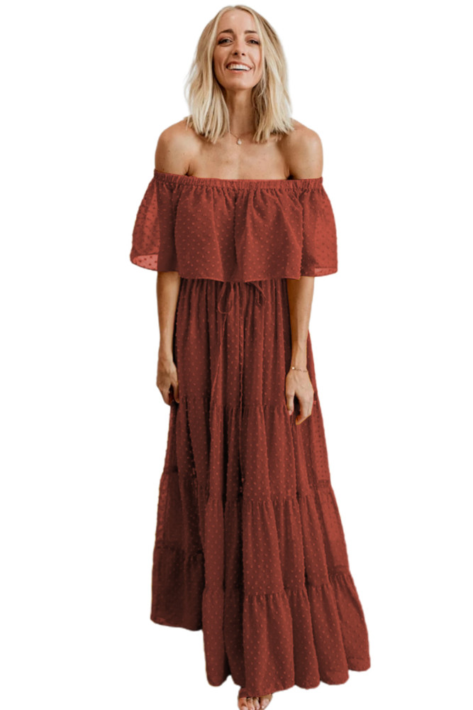 White/Black/Rust Red/Sky Blue/Yellow/Green Off Shoulder Ruffle Swiss Dot Maxi Dress