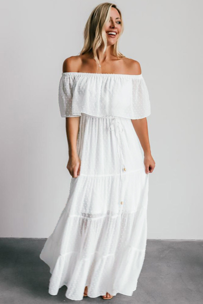 White/Black/Rust Red/Sky Blue/Yellow/Green Off Shoulder Ruffle Swiss Dot Maxi Dress