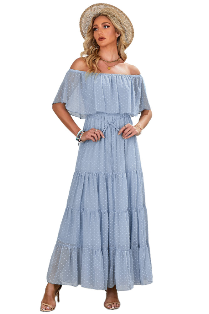 White/Black/Rust Red/Sky Blue/Yellow/Green Off Shoulder Ruffle Swiss Dot Maxi Dress