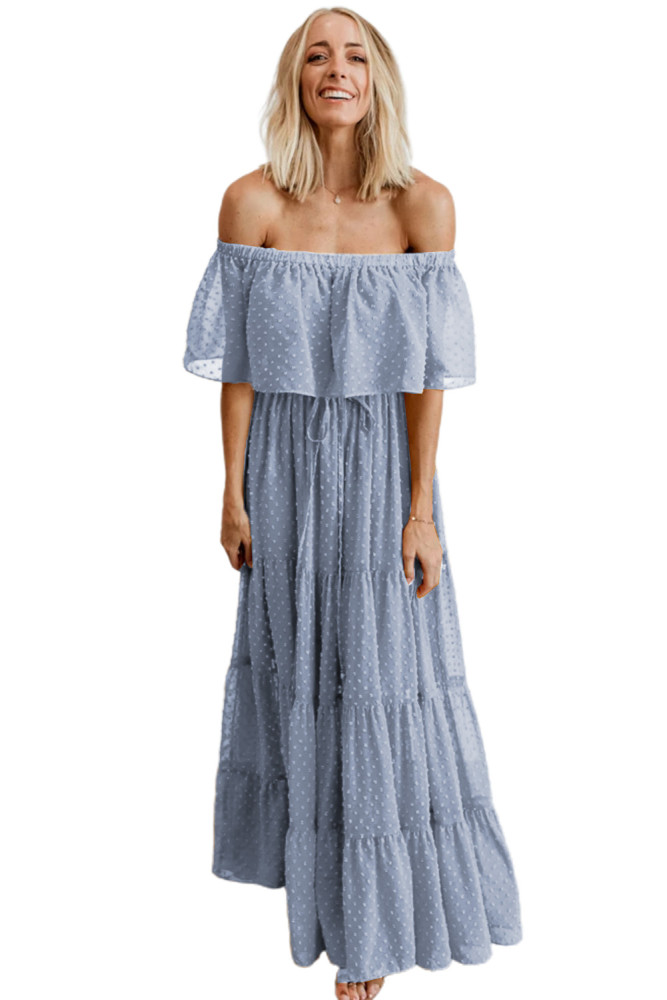 White/Black/Rust Red/Sky Blue/Yellow/Green Off Shoulder Ruffle Swiss Dot Maxi Dress