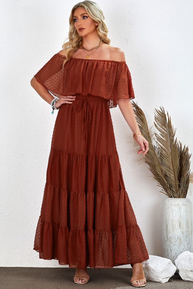 White/Black/Rust Red/Sky Blue/Yellow/Green Off Shoulder Ruffle Swiss Dot Maxi Dress