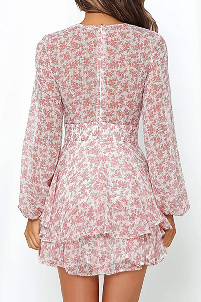 V Neck Waist Tie Double Layer Ruffle Short Dress