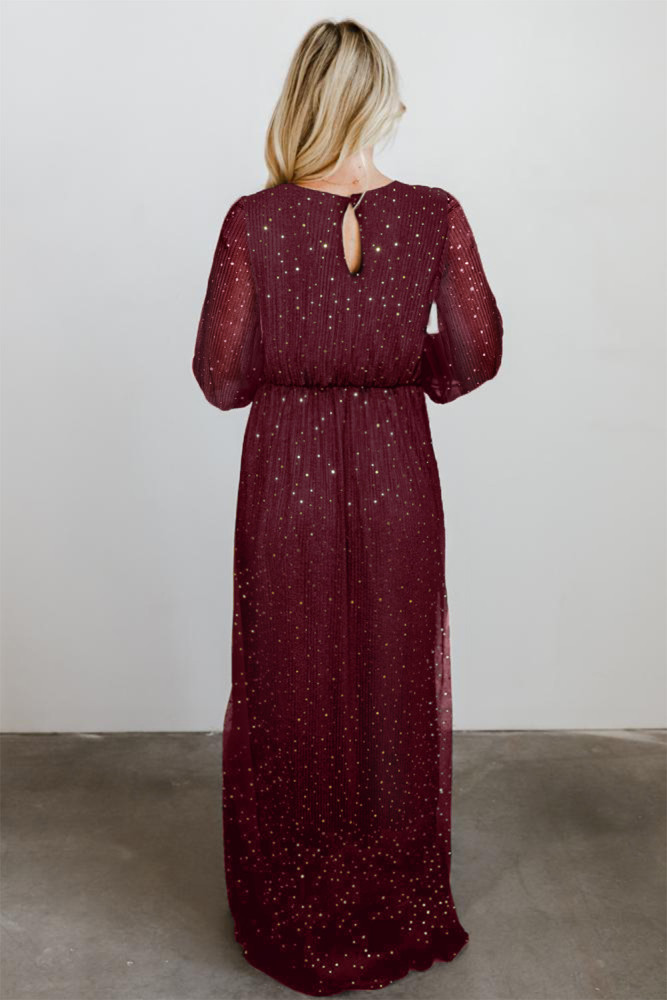 Black/Wine Red/Green/Apricot Side Split Rhinestone V Neck Maxi Dress