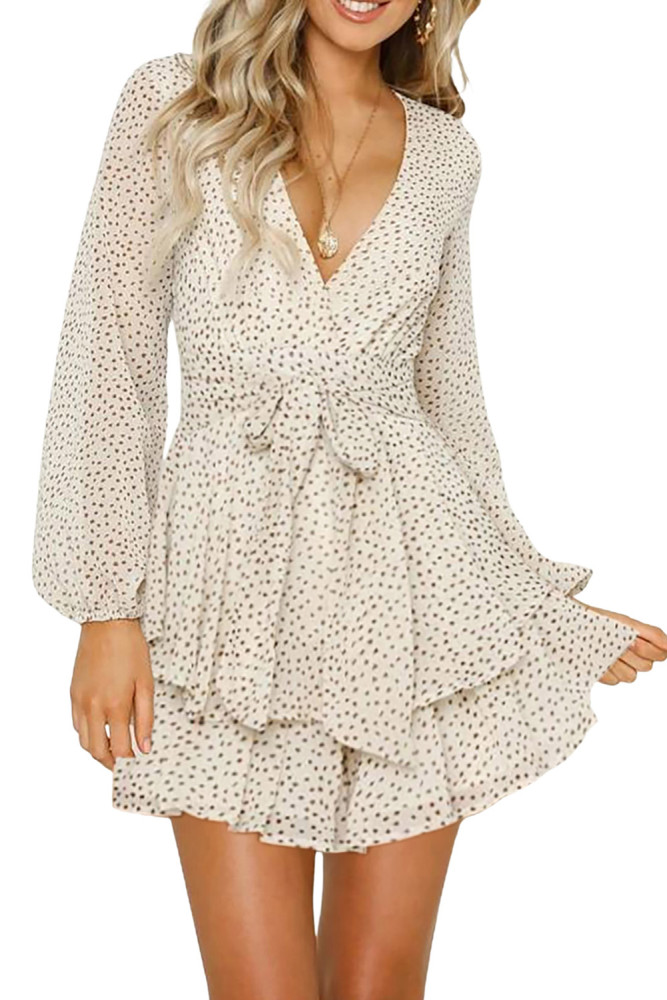 V Neck Waist Tie Double Layer Ruffle Short Dress