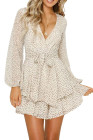 V Neck Waist Tie Double Layer Ruffle Short Dress