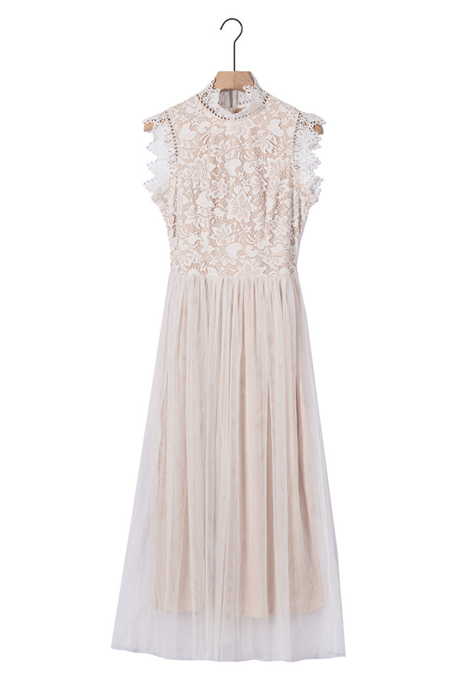 Floral Lace Dress for Women High Neck Sleeveless Crochet Mesh Maxi Dress