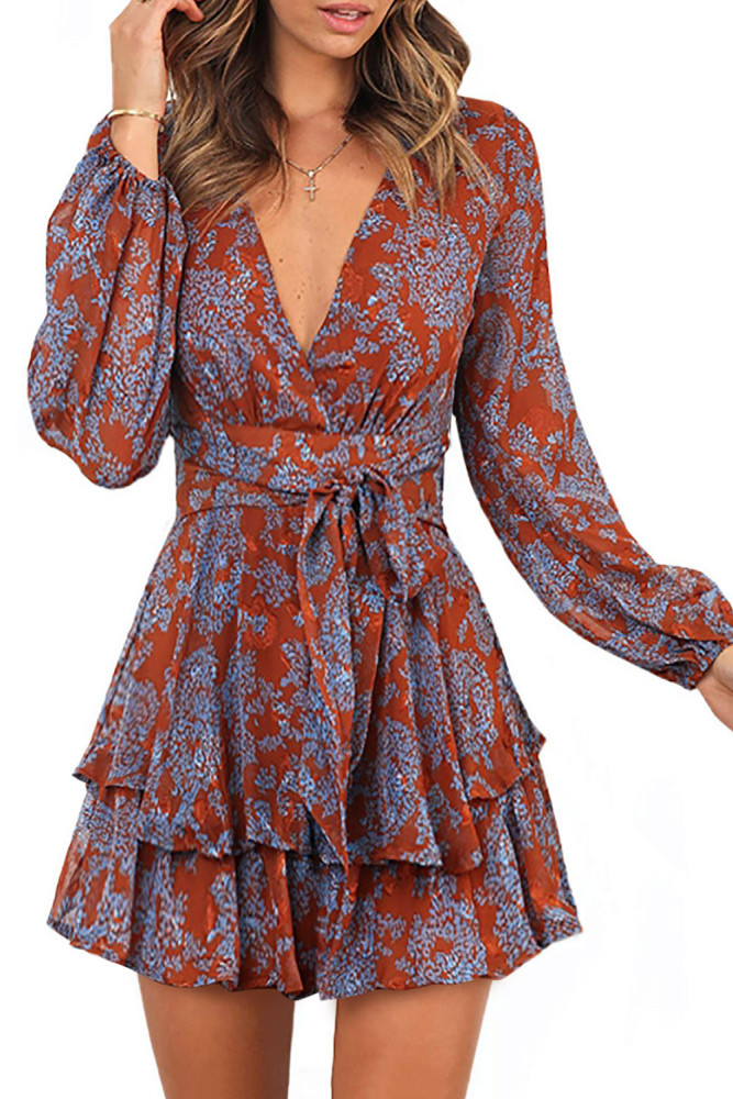 V Neck Waist Tie Double Layer Ruffle Short Dress