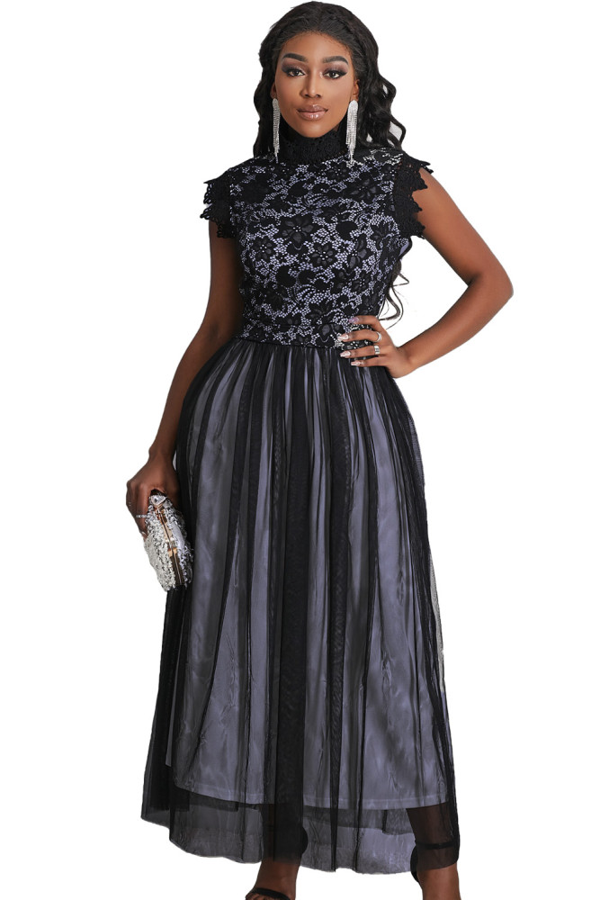 Floral Lace Dress for Women High Neck Sleeveless Crochet Mesh Maxi Dress