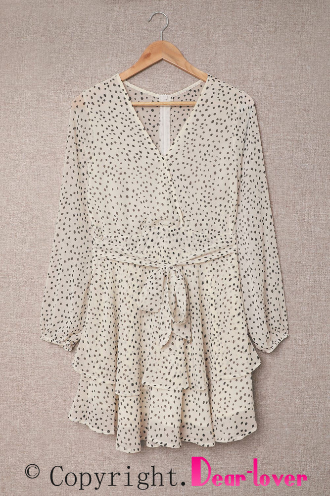 V Neck Waist Tie Double Layer Ruffle Short Dress