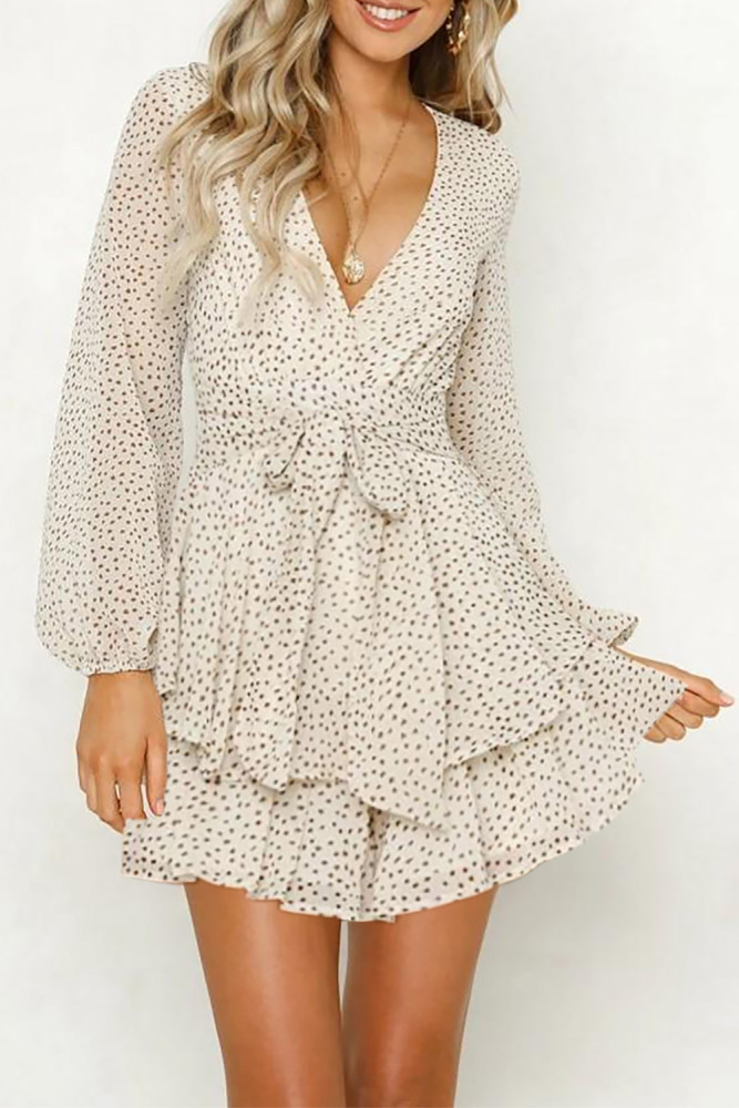 V Neck Waist Tie Double Layer Ruffle Short Dress