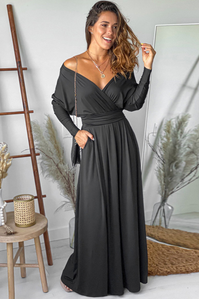 Black V Neck Off The Shoulder Maxi Dress